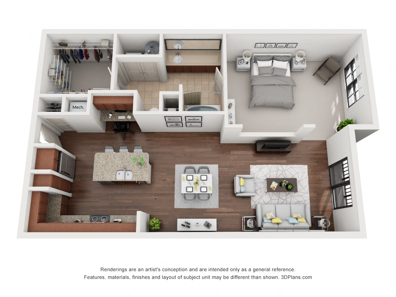 Floor plan for 1 bed, 1 bath, 948 sqft